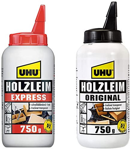 UHU Holzleim Express Flasche, Universeller und besonders schnell trocknender Weißleim - für alle üblichen Holzarten und -verklebungen, 750 g & Holzleim Original Flasche, Universeller Weißleim, 750 g