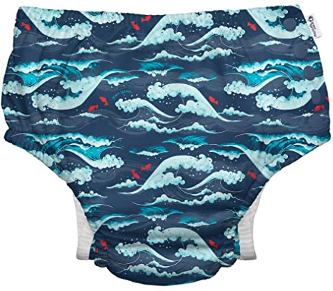 i play. by green sprouts Reusable, Eco Snap Swim Diaper with Gussets, UPF 50+, 6 mo, Navy Tidal Waves, Patented Design, STANDARD 100 by OEKO-TEX Certified