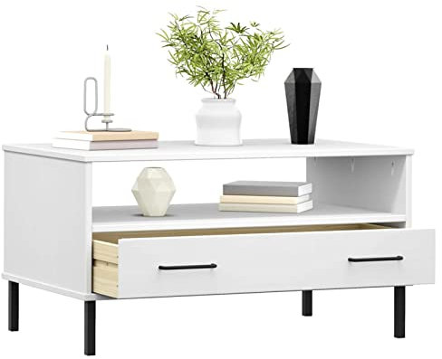 Tidyard Soffbord Oslo med metallben, sidobord, soffbord, vardagsrumsbord, soffbord, kvadratiskt TV-skåp, 85 x 50 x 45 cm (B x D x H) med 1 låda, massiv furu, metall vitt