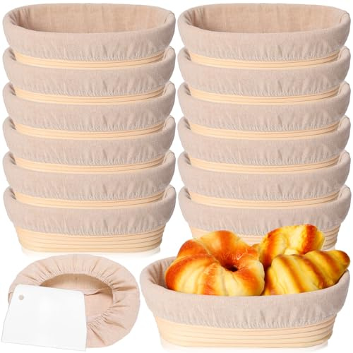 Gejoy 12 Set Bread Proofing Baskets Oval Shaped Banneton Dough Proofing Bowls Kit with Cloth Liner and Plastic Scraper Sourdough Proofing Basket for Home Sourdough Bakers Supplies (10 Inch)