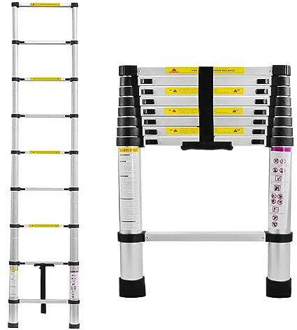 SUBTLETY Teleskopleiter 2,6M Aluminium Leiter Ausziehbar Klappleiter Aluleiter 9 Stufen Stehleiter Rutschfester Ausziehleiter Mehrzweckleiter Anlegeleiter für Belastbarkeit 150KG, Silber