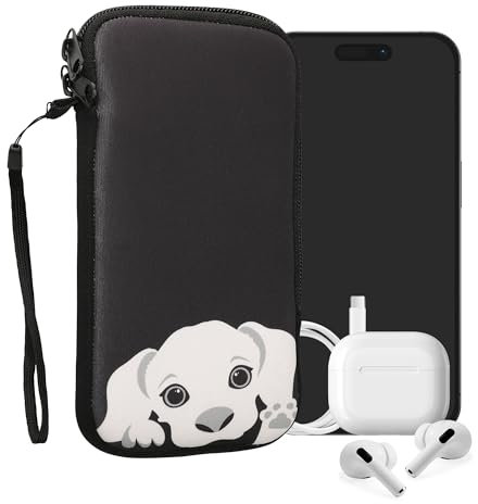 kwmobile Handytasche für Smartphones XL - 6,7/6,8 - Neopren Handy Tasche Hülle Cover Case Schutzhülle - Neugieriger Hund Schwarz Weiß - 17,2 x 8,4 cm Innenmaße