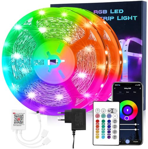 HOVVIDA LED-remsa 20 m WiFi, kompatibel med Alexa och Google Home, 30 lysdioder/meter, 24 V RGB LED-remsor, 600 lysdioder, app och fjärrkontroll, musikläge, LED för rum, kök, sovrum, bar, fest
