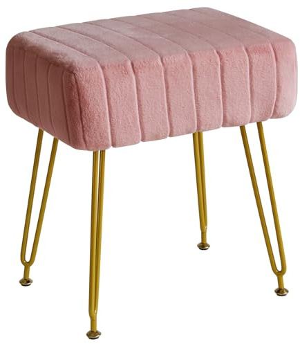 IBUYKE Velvet Rectangular Footrest Ottoman, Makeup Vanity Stool Side Table, Velvet Dressing Table Seat, Pouf Couch Stool, Golden Steel Legs, Pink LG-51P