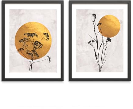 STYLER Bilder Set Charm 2x 30x40 cm (AUFHÄNGFERTIG) mit hochwertigem Rahmen - Zeitlose Eleganz für Ihr Zuhause - Gold Abstrakte Natur Modern