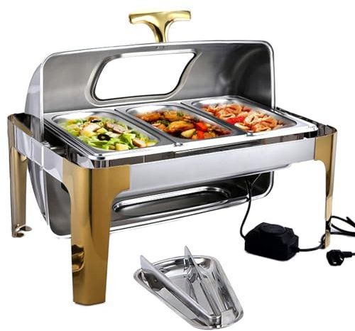 Electric Food Warmer Buffet Server With Glass Lids, 9L Stainless Steel Chafers Warmer For Catering Chafing Dish Buffet Warmer Server And Warming Tray For Weddings Parties, Golden, 400W(Color:1/3)