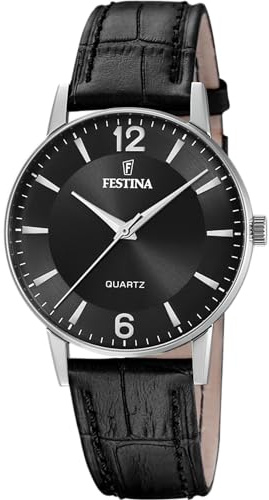 Festina Herrenuhr Analog aus Leder Schwarz | Quarzwerk, Widerstandsfähiges Mineralglas, Herrenuhren, Elegant und Klassisch F20690/4 Classics