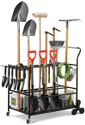 SereneHome Heavy-Duty Garden Tool Organizer for Garage with 2 Stair-Climbing Wheels, Lawn & Yard Tool Storage Rack, Garage Tool Cart with Lockable Wheels, Outdoor Garden Tool Storage for Sheds