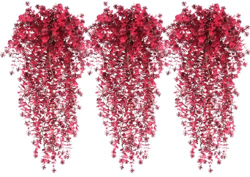 RECUTMS Artificial Hanging Plants Fake Hanging Vine Flowers Fake Plants | Faux Hanging Autumn Flowers Outdoor Faux Eucalyptus Leaf Greenery Wall Indoor Room Wall Wedding Patio Porch Decor (Wine Red)