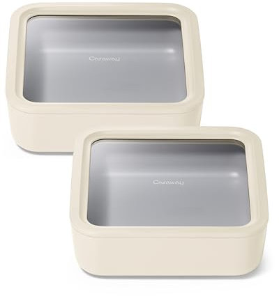 Caraway Glass Food Storage - 10 Cup Glass Container Duo - Ceramic Coated Food Container - Non Toxic, Non Stick Lunch Box Container with Glass Lids. Dishwasher, Oven, & Microwave Safe - Cream