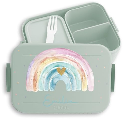 Kinder Bento Box Midi Lunchbox für Mepal Bentobox - Regenbogen mit Name Kindergarten Geschenk Grundschule Regenbogenmotiv personalisiert I - 900 ml - Sage Grün - brotdose mädchen brotbox schule