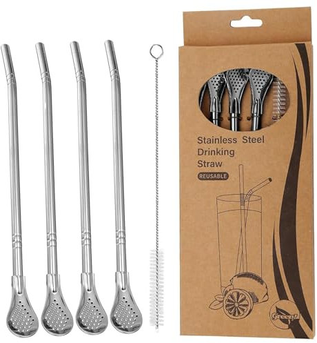 YiYFiT 4 Straw Spoons+1 Cleaning Brush+1 Gift Pack Stainless Steel Straw Spoons Drinking Set, Eco-Friendly Metel Drinking Straws with Removable Filter Spoon for Cocktail, Coffee, Cold or Hot Drinks