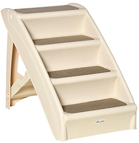 PawHut Scaletta per Cani Pieghevole con 4 Gradini Antiscivolo, Scala per Animali Domestici fino 10 kg in PP, 62x38x49.5cm, Beige