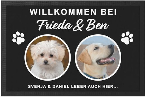 Fußmatte Hund personalisiert mit Namen als Einweihungsgeschenk | Personalisiert, aus Polyester mit Gummi-Rückseite, Geschenk zum Einzug, Hundemotiv, Fußabtreter