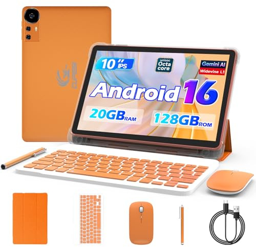 CUPEISI Android 15 Tablet 10 Inch, 20GB RAM+128GB ROM/2TB Expandable, 2.0GHz Quad-core Processor, 1280*800 HD Screen, 5G WiFi6 BT5.0, 2 in 1 Tablets with Keyboard Case Mouse Stylus, Widevine L1 Orange