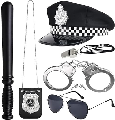 Fartoni Déguisement de Policier pour Enfant ou Adulte avec Casquette Matraque Badge Lunettes et Menottes Inclus Idéal pour les Fêtes de Carnaval, Jeux de Rôle et Evénements à Thème