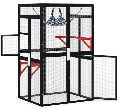 Valla para gatos, 100 x 85 x 162 cm, resistente a la intemperie, para balcón, jardín, de madera, con toldo, 3 estantes y hamaca, estilo gótico