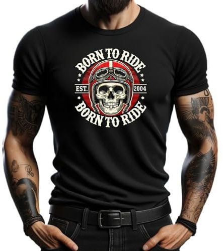 4people Camiseta Negra Born to Ride con Calavera y Casco de Motociclista - Estilo Vintage, 100% Algodón, Ideal para Motociclistas y Amantes de la Velocidad (FR/ES, Letras, S, Regular, Regular, Negro)