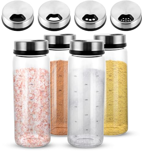 AKOLAFE 4 Stück Gewürzgläser mit Drehdeckel 300ml Gewürzstreuer Glas 16.5x6 cm Luftdicht Gewürzdosen mit 4 Arten von Gewürzlöchern Rund Salzstreuer aus Borosilikatglas der Küche Grillen Koche