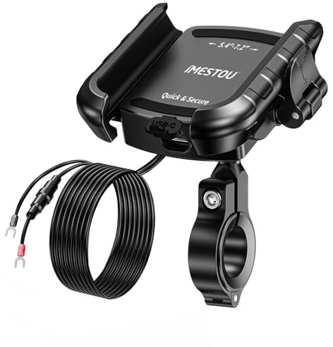iMESTOU Caricatore USB per Telefono da Moto in Alluminio con Porta USB C di Ricarica Rapida, Compatibile con Telefoni da 5,4-7,25 Fino a 15 mm di Spessore, Adatto per Manubri da 12 mm-32 mm