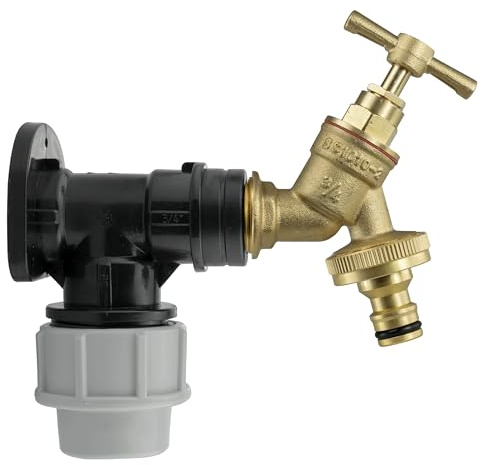 25mm MDPE Wall Flange Kit - Wall Plate Elbow with 3/4 Brass Garden Tap & Hozelock Compatible Hose Connector - Easy to Install Water Hose Fitting for Garden, Backyard, Farmhouse, Irrigation, Watering
