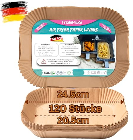 Triple k&s Airfryer Backpapier Kompatibel mit Ninja AF300EU AF400EU SL400EU AF500EU, Andere Heißluftfritteuse COSORI Philips Cecotec Midea Russell Hobbs Airfryer (120 Stücke 20.5x14m)