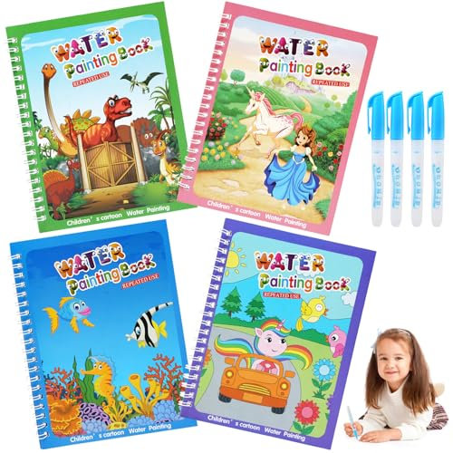 BelleStyle Libro para Colorear con Agua, 4 Piezas Reutilizable Libro Pintar Magico con Agua con 6 Bolígrafos, Libro de Dibujo de Agua Educativo Doodle Juguetes para Niños Infantil 2 3 4 5 6 Años