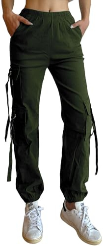 Nuofengkudu Harem Cargo Breda Ankelbyxor Elastiska Fickor Resår Hög Midja Byxor med Sidofickor Arbete Joggingbyxor Sport Lediga Byxor, Grön - 5 fickor, M