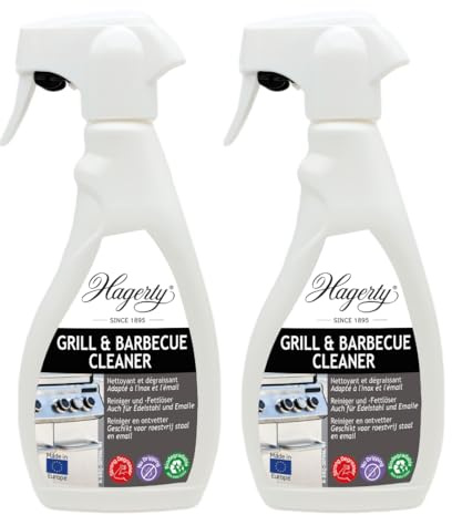 Hagerty Set 2x Grill & Barbecue Reiniger I BBQ Grillreiniger und Fettlöser I Schnelle Entfernung von verbrannten Rückständen auf Stahl Edelstahl Gusseisen und Emaille I Biologisch abbaubar I 500ml