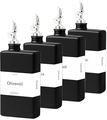 Ölflasche mit Ausgießer, Olivenöl Flasche Set, Kaffee Sirup Spender Glas Set, 500ML Ölspender Glas, Oil Dispenser Sirup Pumpspender für Küche mit 40 Aufkleber, Trichter (Schwarz*4, 350 Milliliter)