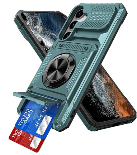 IMEIKONST for Samsung Galaxy S23 FE Case with Card Holder Green TCKB | Military Grade Drop Protection, Magnetic Ring Kickstand, Anti-Slip Shockproof Cover, Heavy Duty Rugged PC Back