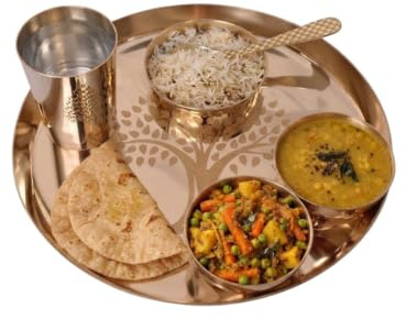 BRACOP® Set di 6 pezzi per la cena in puro Kansa 1 piatto 1 ciotola per riso 2 ciotole 1 cucchiaio 1 bicchiere. Piatto decorativo artigianale vassoio da portata indiano thali per cene e matrimoni