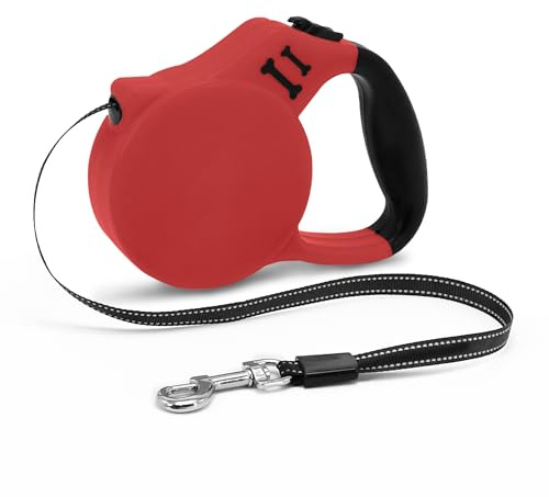 AIITLE Utdragbara hundkoppel, 5 m, med reflekterande band, enhandskontroll, anti-tangle-design, slitstarkt nylonband – perfekt för medelstora hundar under 15 kg (camping, jogging), röd