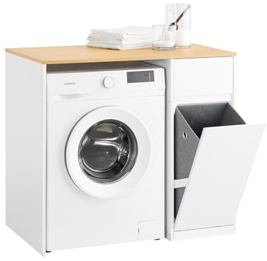 SoBuy Mobile per lavatrice – Armadio da bagno con cesto portabiancheria e cassetto, per lavatrice e asciugatrice, Mobiletto salvaspazio legno, Bianco,100×60×90 cm, BZR217-WN