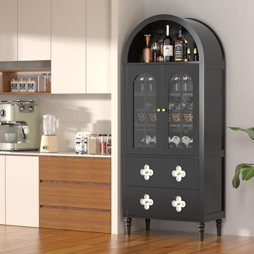 Meulbaty 180 cm Gewölbter Vitrine mit Schublade, gewölbte Schränke mit Glastüren und Regalen für Wohnzimmer, Küche und Schlafzimmer, Montage erforderlich (Schwarz)