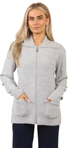 Women’s Zip Up Cable Knit Cardigan – Chunky Knit Jumper with Pockets | Soft Warm Ladies Winter Zip Through Sweater | Long Sleeve Collared Knitwear Jacket for Autumn & Casual Wear Grey S/M