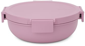 Brabantia Make & Take Salad Bowl 1.3L, Removable Tray for Toppings & Dressing, Airtight Closure, Leakproof Travel Container, Secure Click Closing, Dishwasher & Microwave Safe Salad Mixer, Lilac Pink