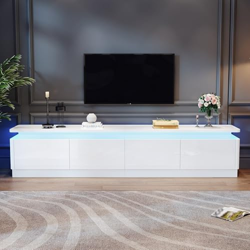 QQJIN Tv Lowboard mit Led, 4 Schubladen, Hochglanz Weiß TV Schrank 180cm Lang für 75 Zoll, Bogenform Fernsehtisch, 180cm d
