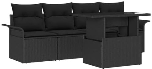 Qnhdfrt Gartensofa Set 5-teilig aus Poly-Rattan, Lounge-Set für Garten & Terrasse, 4 Sitzplätze inkl. Kissen & Tisch mit Glasplatte, Modulares Design, Schwarz