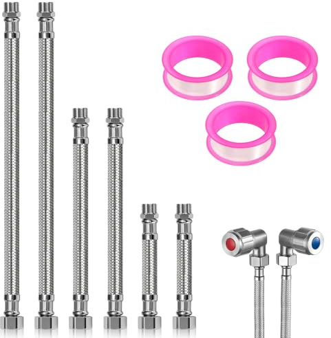 3/8 Zoll Edelstahl Flexschlauch Set, 6 Stück Flexibler Panzerschlauch(10cm 20cm 30cm), Wasserhahn Armaturenschlauch Verlängerung mit Dichtungsband für Wassererhitzer Wasserhahn Eckventil Bad WC