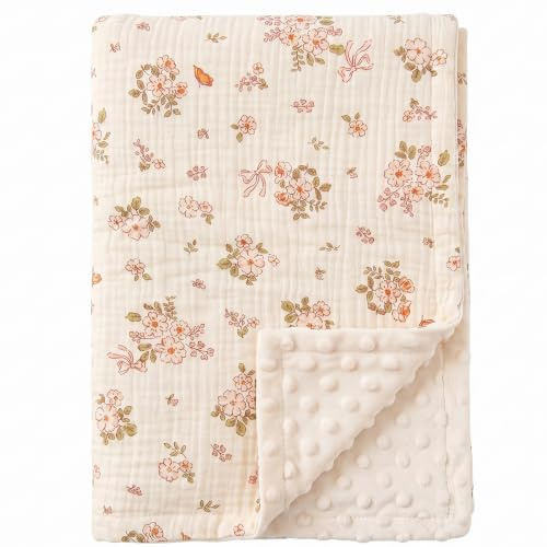 SNOWGAOGAO Babydecke Baumwolle 75x100 cm, Doppelseitig Musselin & Minky Kuscheldecke für Neugeborenen, Weiche Krabbeldecke und Schlafdecken für Kleinkinder Mädchen (Tiny Rose)