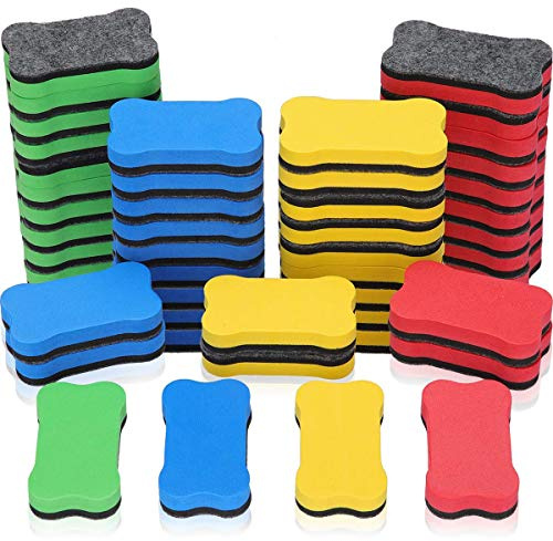 Outus 48 Pieces Magnetic Whiteboard Dry Eraser Office Erasers Bone Shaped Dry Erasers Fit for School, Home and Office, Red, Yellow, Blue and Green