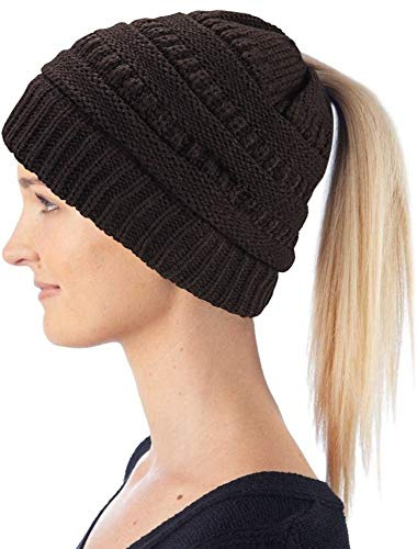 Hatstar Damen Beanie Mütze mit Zopfloch | Strickmütze für Pferdeschwanz | Ponytail Beanie gestrickte Mädchen Wintermütze | weich & warm