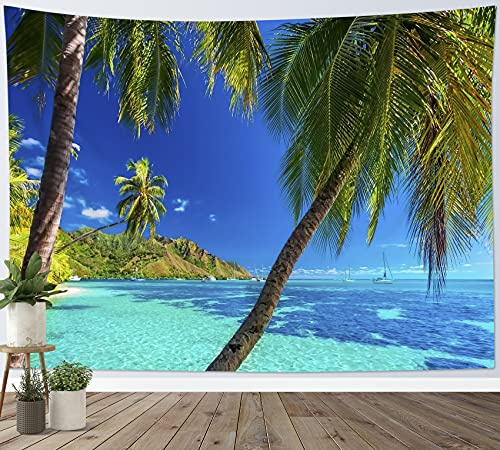 LB Blau Meer Wandteppich Grün Palme Wandtuch Tropische Insel Wandbehang landschaft Tapisserie für Wohnzimmer Schlafzimmer Wohnheim Wanddeko,200x150cm