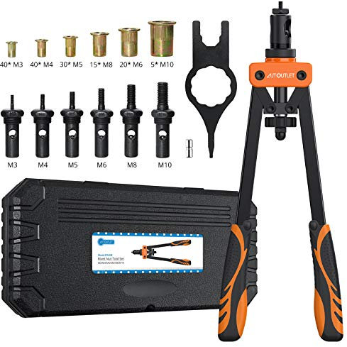 AUTOUTLET Set di pinze per Dadi per Rivetti Rivettatrice Professionali da 14 con Mandrini in Acciaio M3 M4 M5 M6 M8 M10, 150pz Dadi per Rivetti con Impugnatura Antiscivolo (Arancione)