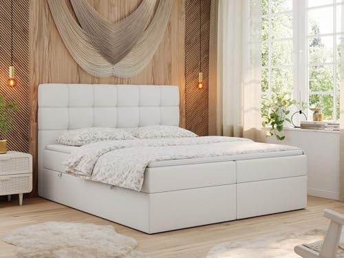 MKS MEBLE Boxspringbett mit Matratze, Bett mit Multipocket - Matratze und Topper T25, Polsterbett mit Bettkasten und Kopfteil, ERNI (160x200 cm, H3 Weiß, Kunstleder)