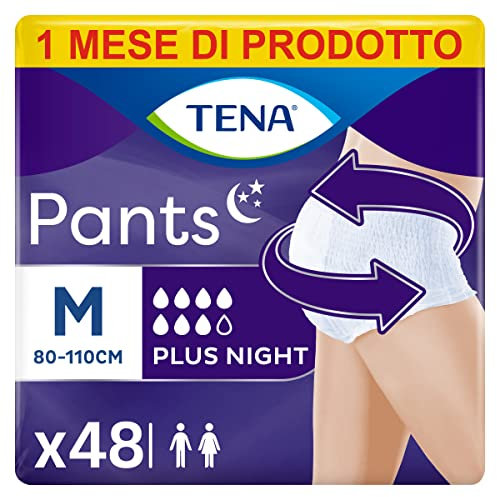 TENA Pants Plus Night, Taglia Media (M), Pacco Scorta Mensile - Mutandine Assorbenti, Elasticizzate e Monouso, per Perdite Urinarie, Unisex, Discrete e Confortevoli, 4 confezioni x 12 pezzi