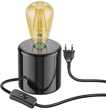 ledscom.de Tischlampe TIPO Porzellan rund schwarz + E27 LED Vintage gold max. 814lm extra-warmweiß 3-Stufen