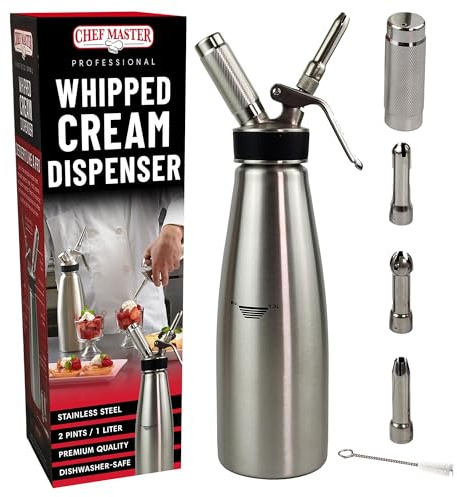 Chef Master (2 Pint / 1 Liter) Stainless Steel Whipped Cream Dispenser - Decorating Tips for Desserts, Latte + Cleaning Brush - Whip Cream Dispenser Canister for Home, Bakery or Restaurant - 90079