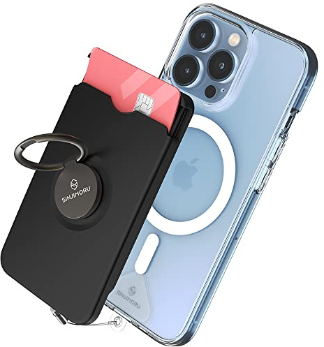 Sinjimoru Cell Phone Wallet for MagSafe with Phone Ring Holder, Secure Magnetic Card holder with Phone Grip & Kickstand for MagSafe Case & iPhone 15 14 13 12 Series. M-Ringo Slot Black